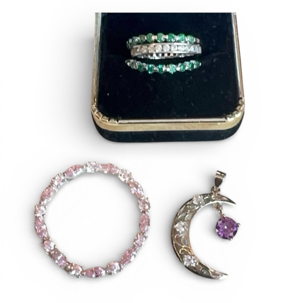 Sterling Silver 925 Lot Rings And Pendants Lot Green, Clear & Pink Stones Moon